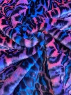 1 Yard Leopard Tie Dyed Faux Fur Fabric Black Light Reflective For Costumes And Decor Purple/PinkBlueBlack