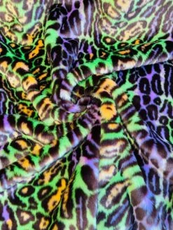 1 Yard Leopard Tie Dyed Faux Fur Fabric Black Light Reflective For Costumes And Decor Green/Orange/Violet