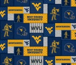 Sykel Enterprises-West Virginia University Fleece Fabric-West Virginia Mountaineers College Patch Fleece Blanket Fabric-Sold By The Yard