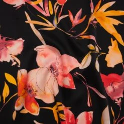 1 Yard Black Orange Red Silk Charmeuse Print Illustrated Watercolor Flowers Made In Italy Width 53"