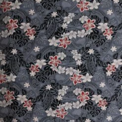 1 Yard Traditional Polynesian Tattoo Plumeria Tiare Design Fabric, Peachskin Polyester, 45 Inches Width Gray